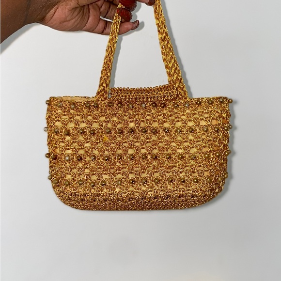 Vintage Woven Beaded Handbag in Yellow-Gold / Cute Accessory - Picture 2 of 6